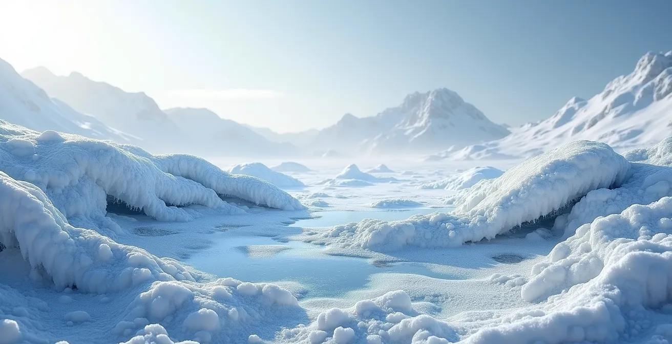 Une composition artistique montrant des couches de neige superposées avec différentes textures et teintes pour créer un paysage hivernal réaliste.