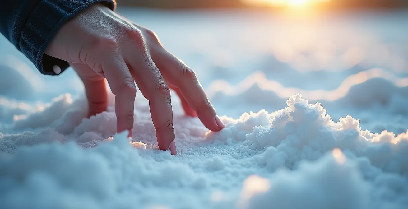 Une main posée sur une surface couverte de fausse neige granuleuse, avec des ondes sonores stylisées représentant le crissement caractéristique des pas dans la neige, illustrant l'aspect sensoriel complet de l'illusion.