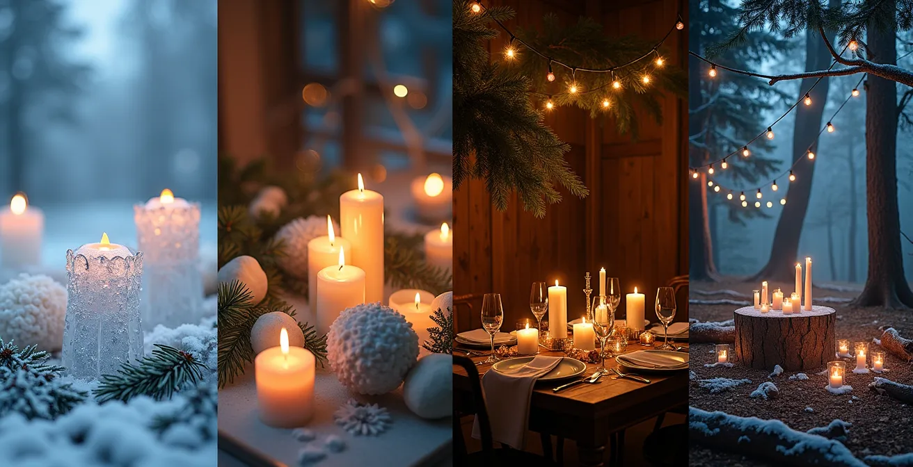 Montage visuel de quatre thèmes de mariage hivernaux : bal des glaces, hygge scandinave, forêt enchantée, nuit étoilée
