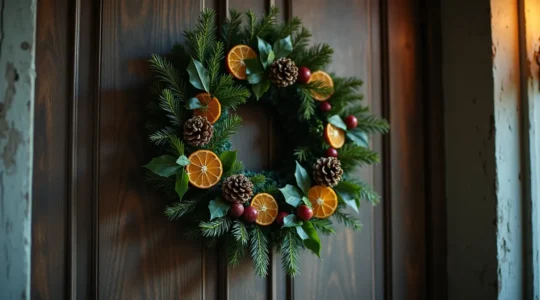 Une couronne de Noël artistique suspendue, composée de branches de houx, de lierre, de pommes de pin et de baies, avec un jeu de lumière douce mettant en valeur ses textures et ses détails botaniques.