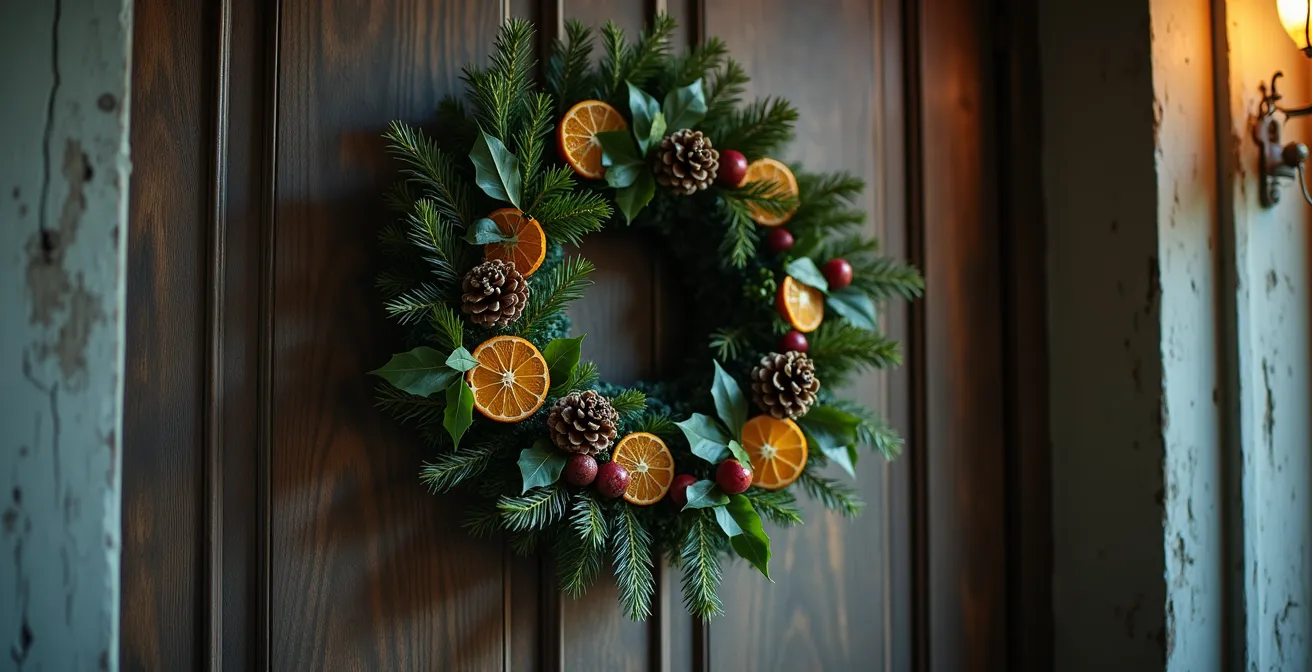 Une couronne de Noël artistique suspendue, composée de branches de houx, de lierre, de pommes de pin et de baies, avec un jeu de lumière douce mettant en valeur ses textures et ses détails botaniques.