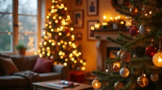 Une scène chaleureuse de Noël à la maison avec une décoration unique reflétant différentes émotions et souvenirs familiaux