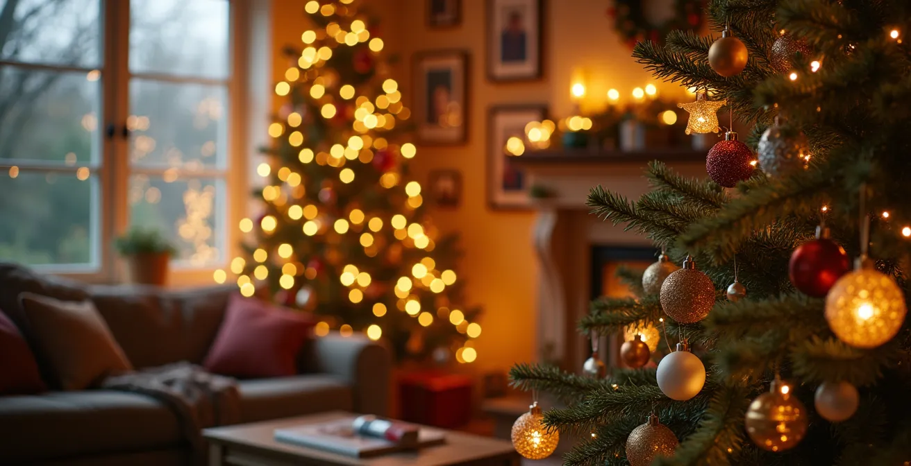 Une scène chaleureuse de Noël à la maison avec une décoration unique reflétant différentes émotions et souvenirs familiaux