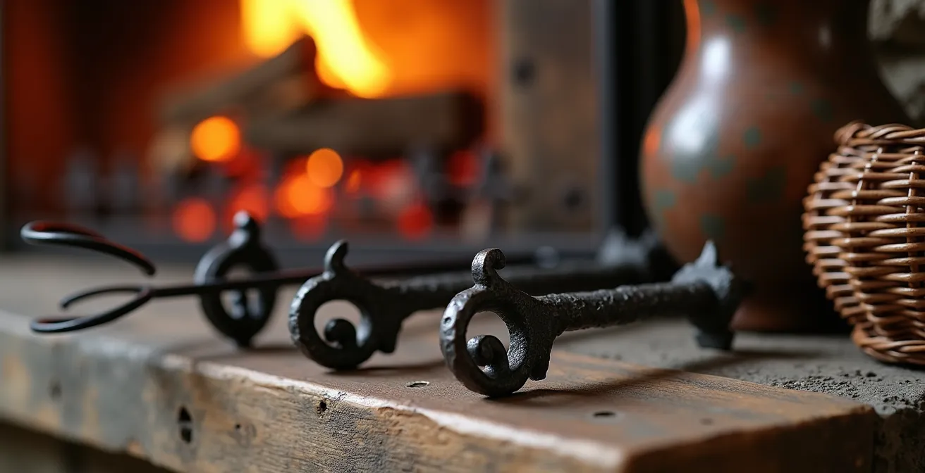 Gros plan sur des accessoires de cheminée artisanaux français avec serviteur en fer forgé