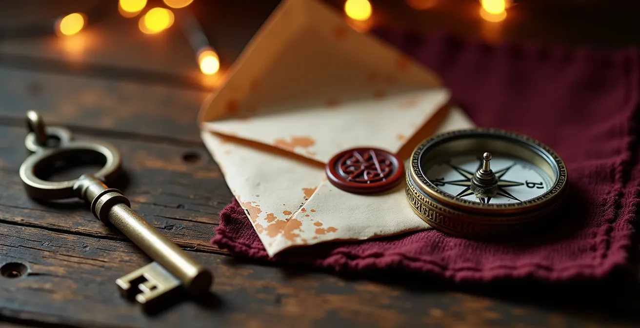 Gros plan sur des objets mystérieux utilisés par un conteur : clé ancienne, lettre scellée et boussole vintage