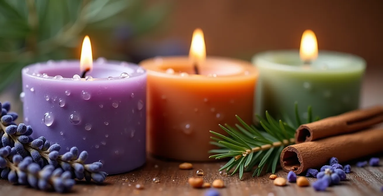 Gros plan sur des bougies colorées avec des éléments aromatiques naturels évoquant les terroirs français