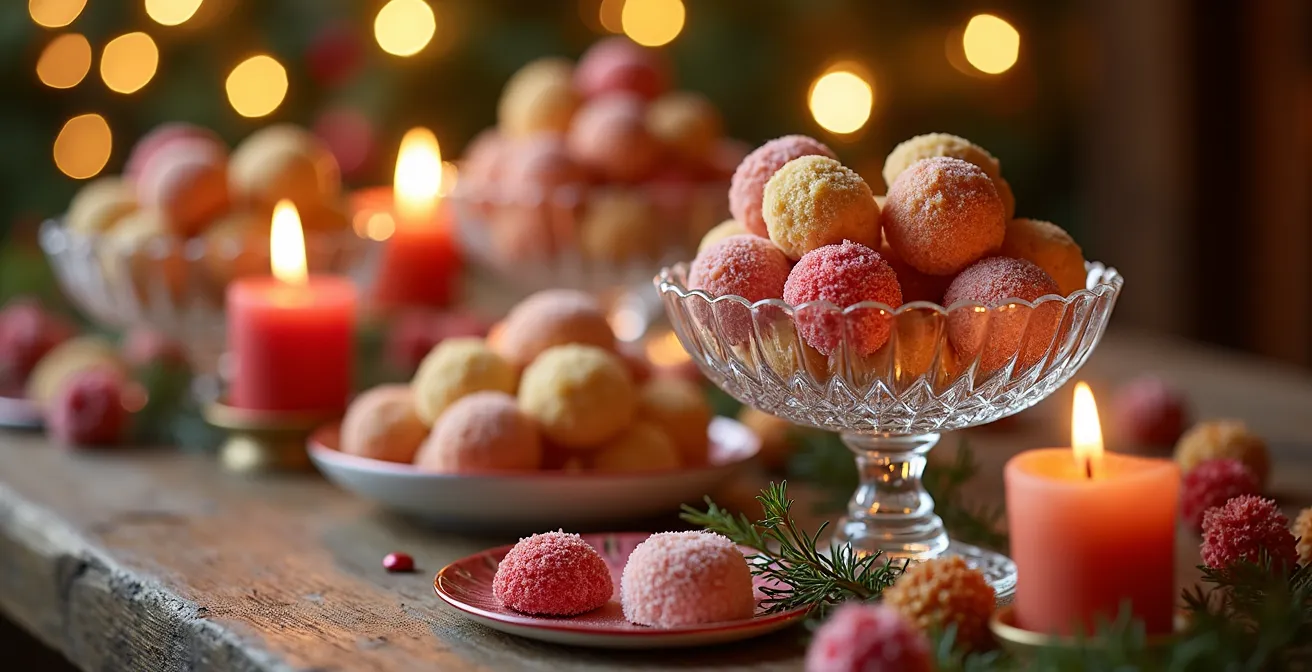 Table de Noël décorée avec des confiseries françaises et figurines Casse-Noisette