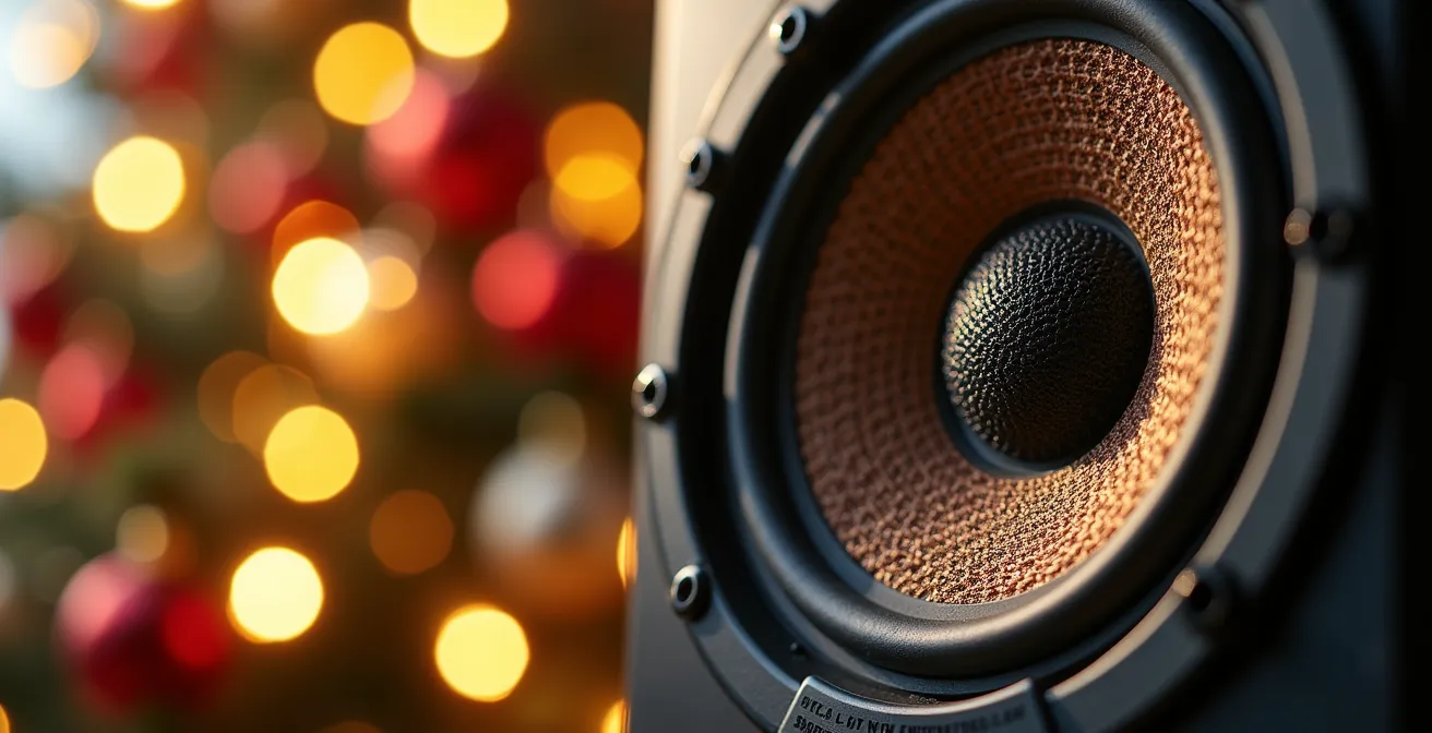 Vue macro d'un haut-parleur design avec des décorations de Noël floues en arrière-plan