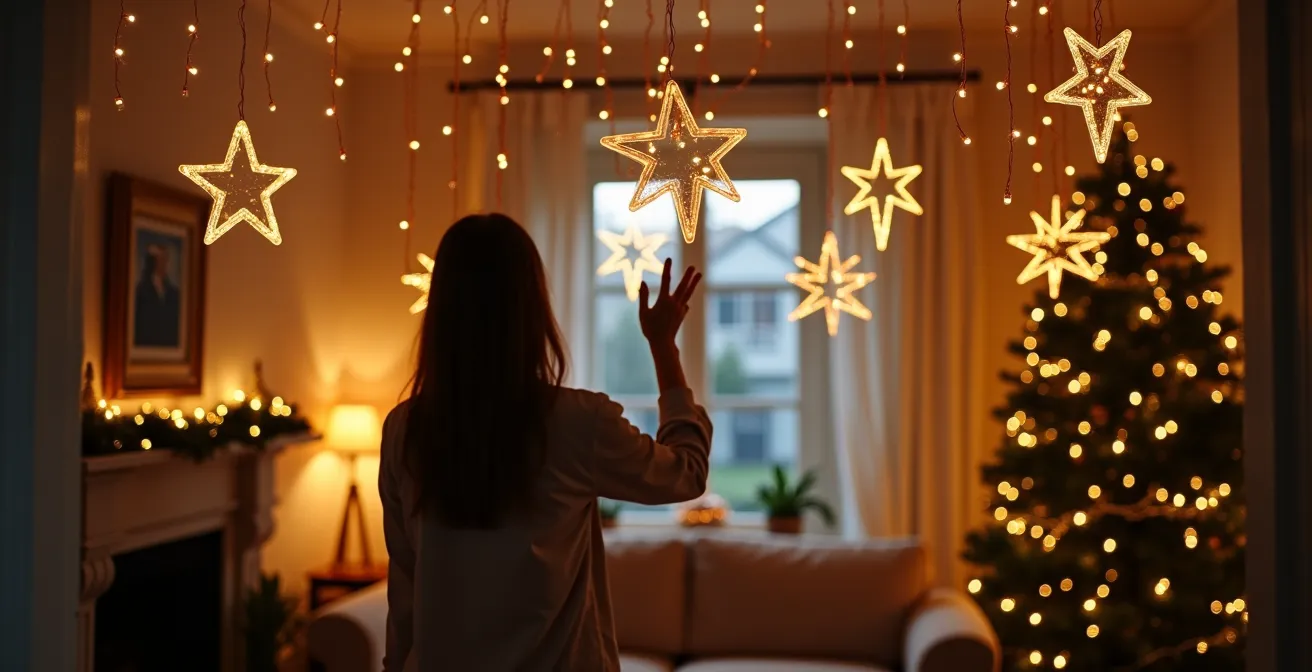 Salon avec guirlandes créant une structure tridimensionnelle suspendue évoquant une constellation d'intérieur