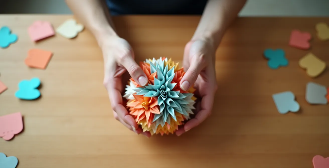 Vue plongeante sur l'assemblage délicat des derniers modules d'un kusudama presque complet