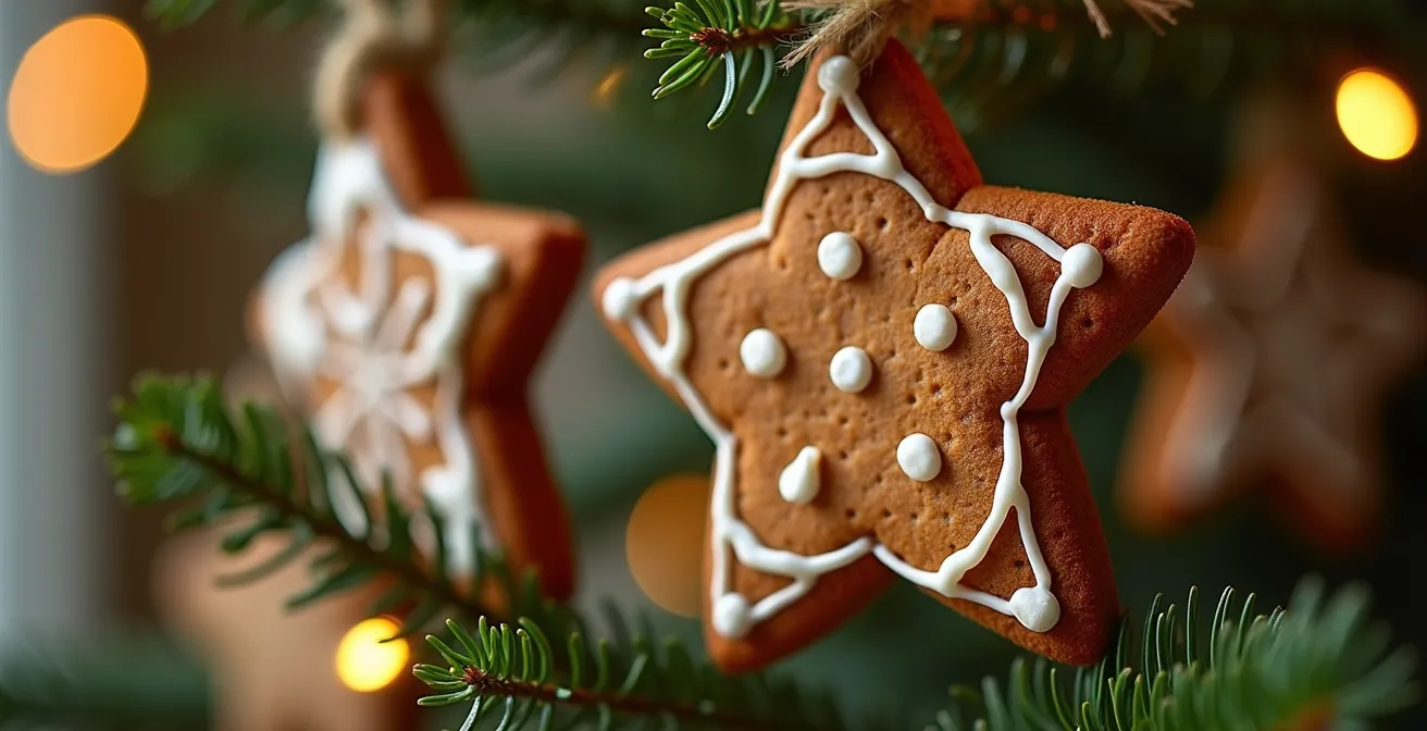 Biscuits de Noël suspendus aux branches du sapin avec rubans rouges et dorés