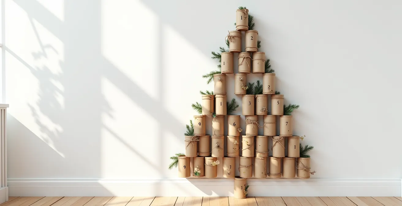Calendrier de l'Avent fait maison en forme de sapin avec rouleaux de papier toilette recyclés décorés