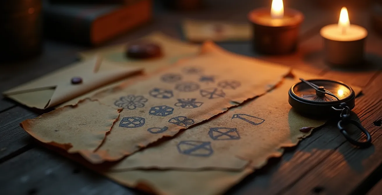 Enveloppes numérotées suspendues avec indices et cartes mystérieuses pour une chasse au trésor de Noël