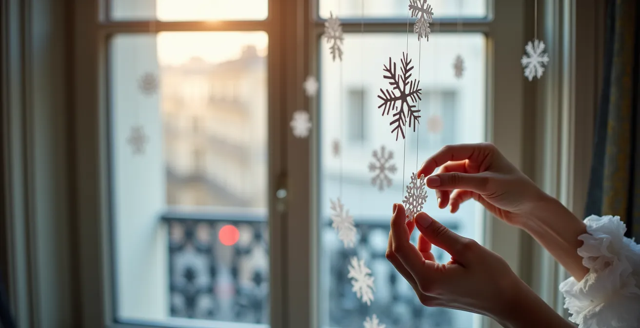 Installation de flocons en cascade dans un intérieur haussmannien avec technique du fil invisible