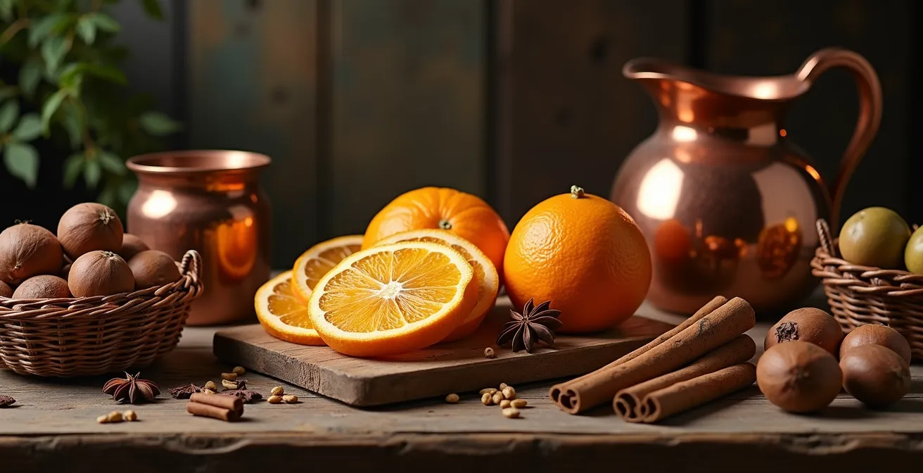 Centre de table avec oranges, cannelle, clous de girofle et fruits secs