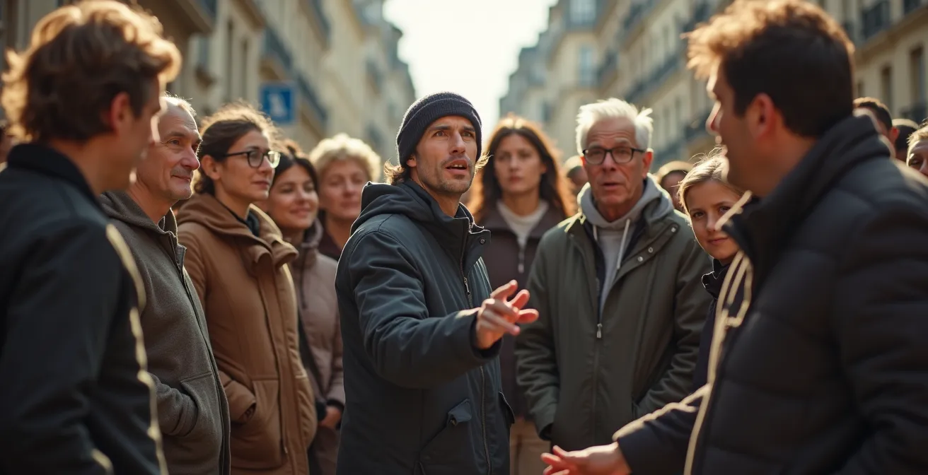 Spectateurs formant un cercle autour d'un artiste de rue en pleine performance