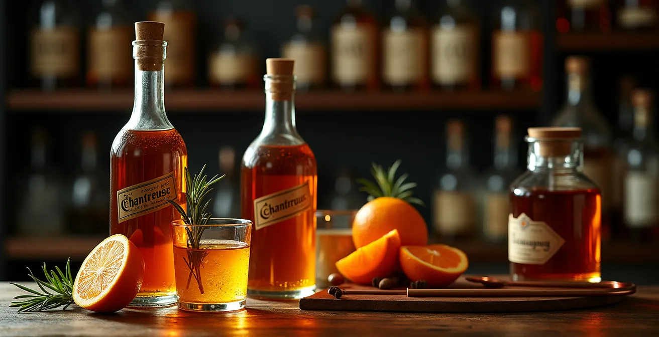 Bar à cocktails avec spiritueux français, agrumes frais et herbes aromatiques