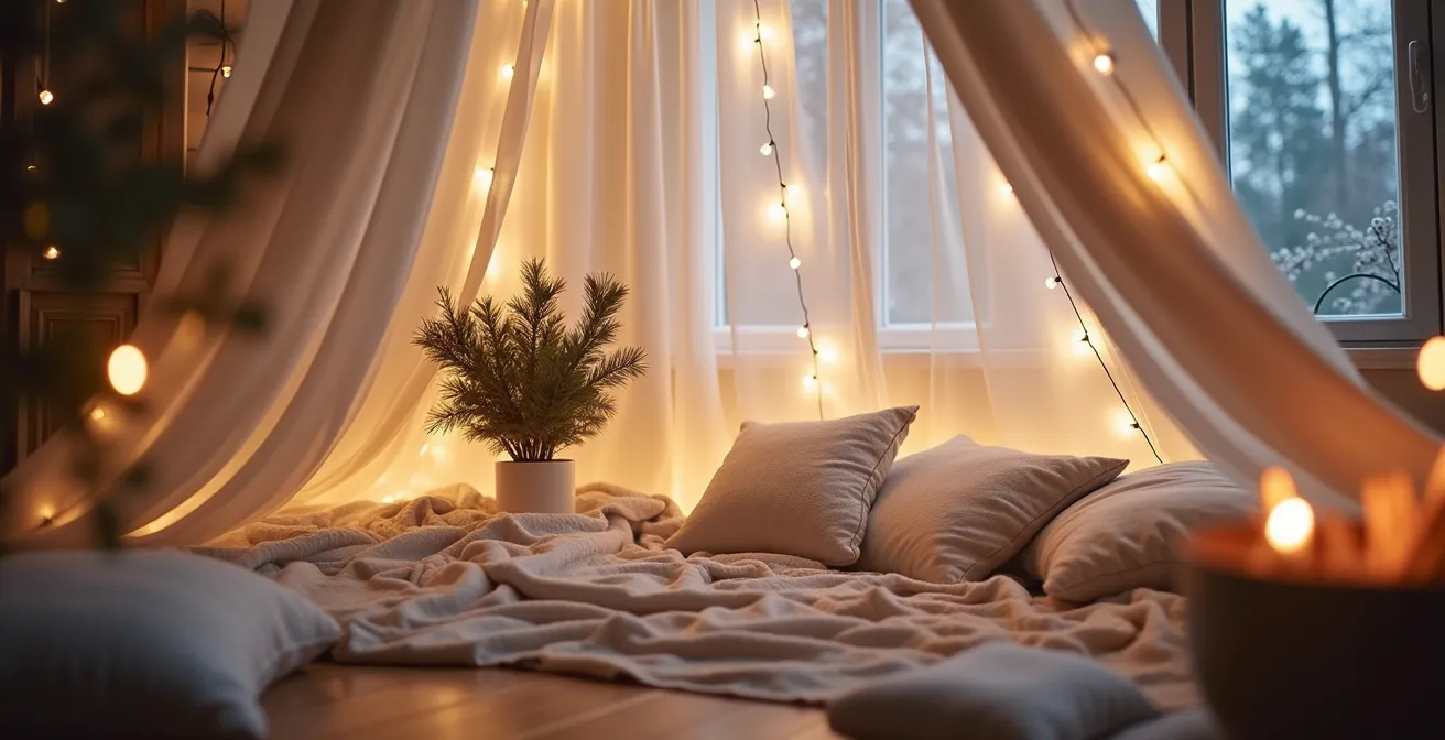 Un coin lecture douillet avec draps suspendus, coussins et guirlandes lumineuses créant une cabane magique