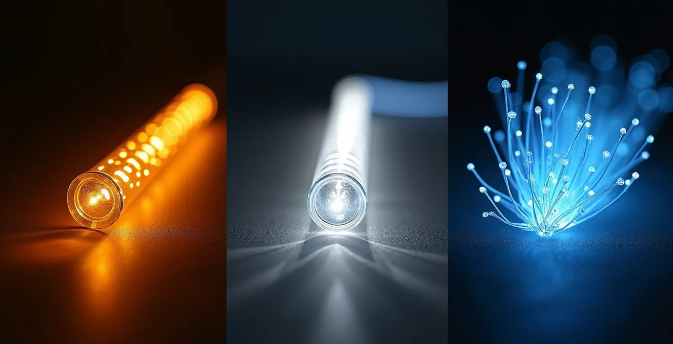 Gros plan sur différentes textures lumineuses d'étoiles montrant les nuances entre LED, néon et fibre optique