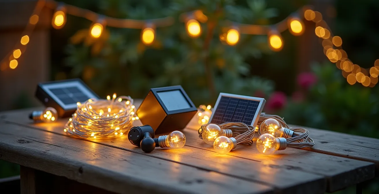 Différents types de luminaires de Noël disposés sur une table de jardin