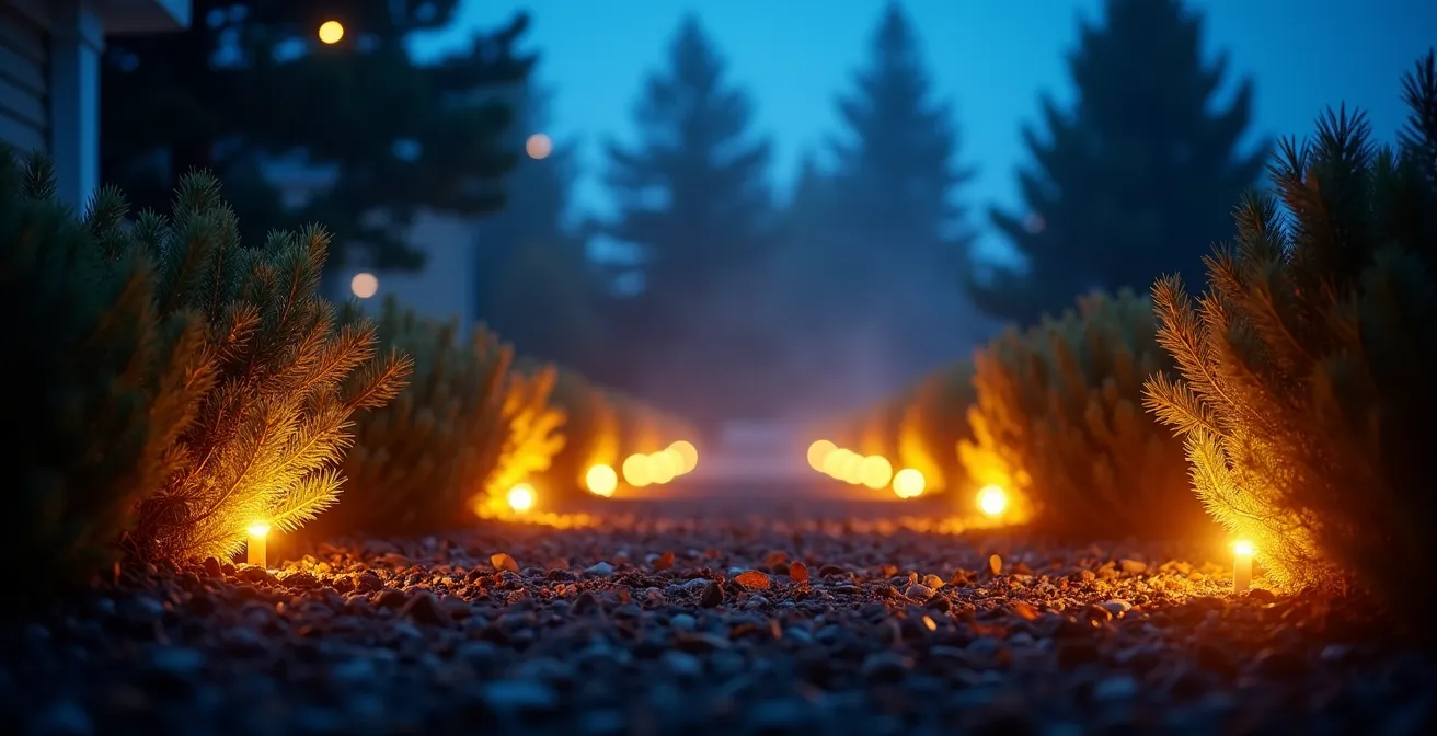 Différents types de luminaires de Noël disposés dans un jardin montrant leurs effets d'éclairage variés