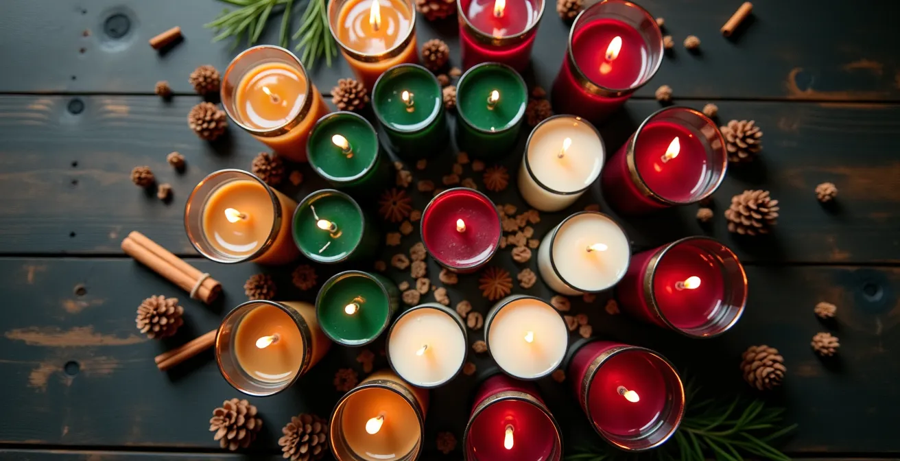 Arrangement élégant de bougies multicolores disposées en bouquet sur une table de Noël française