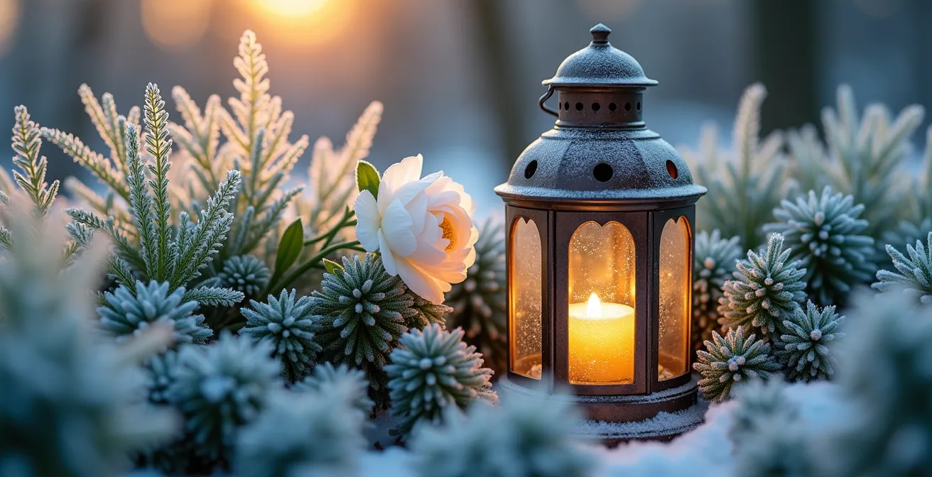 Gros plan macro sur une composition hivernale avec lanterne en métal, hellébores et graminées givrées