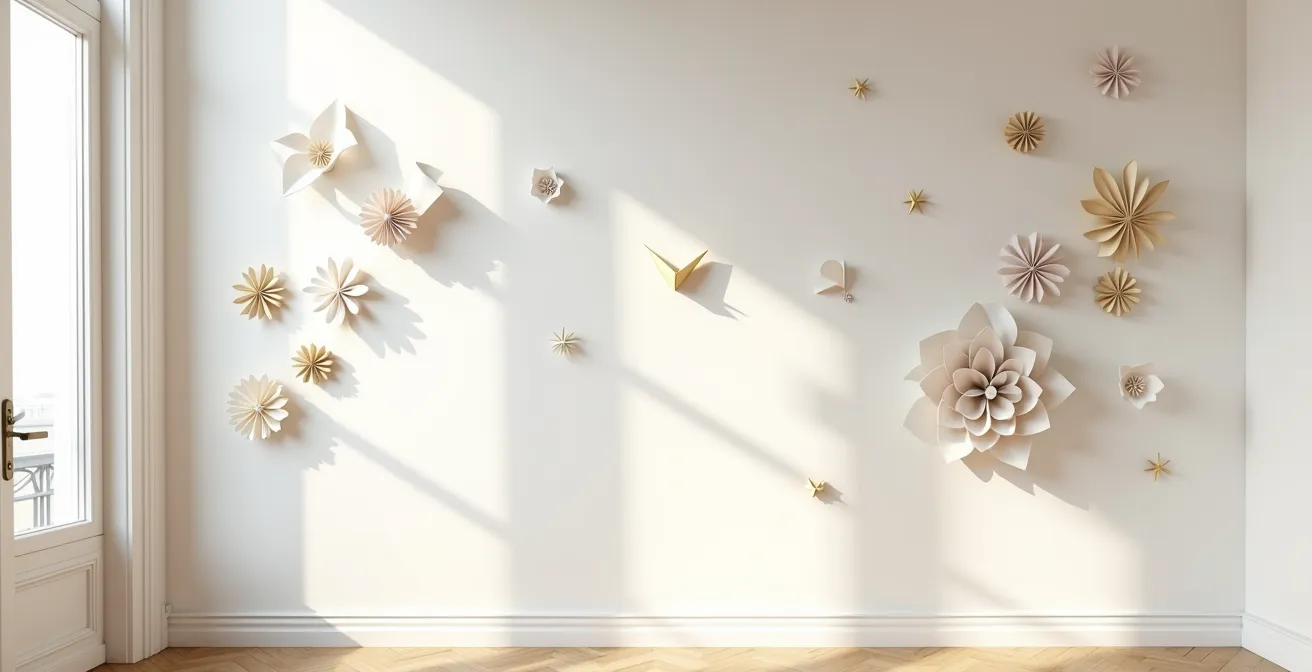 Mur décoré d'une composition de formes en papier créant un effet de profondeur