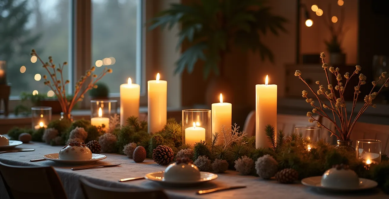 Arrangement artistique de photophores variés créant un centre de table lumineux