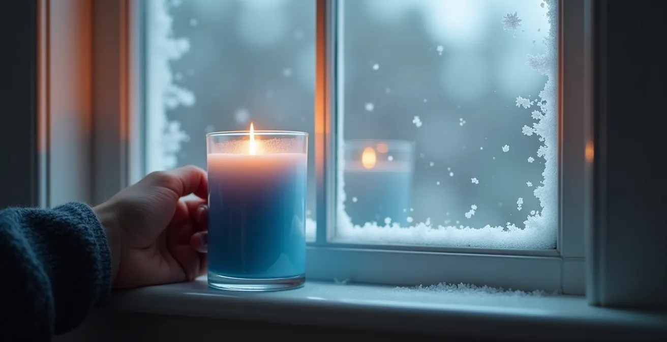 Bougie bleu glacier près d'une fenêtre givrée créant un contraste poétique