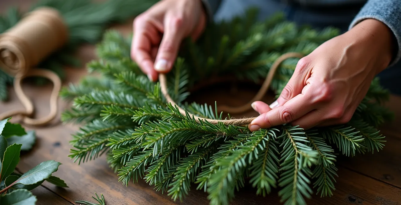 Mains d'artisan tressant des branches de sapin pour créer une couronne de l'Avent