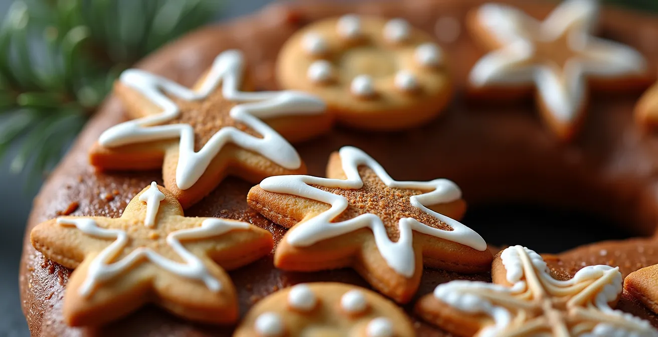 Gros plan sur une couronne de l'Avent composée de Bredele alsaciens dorés et glacés