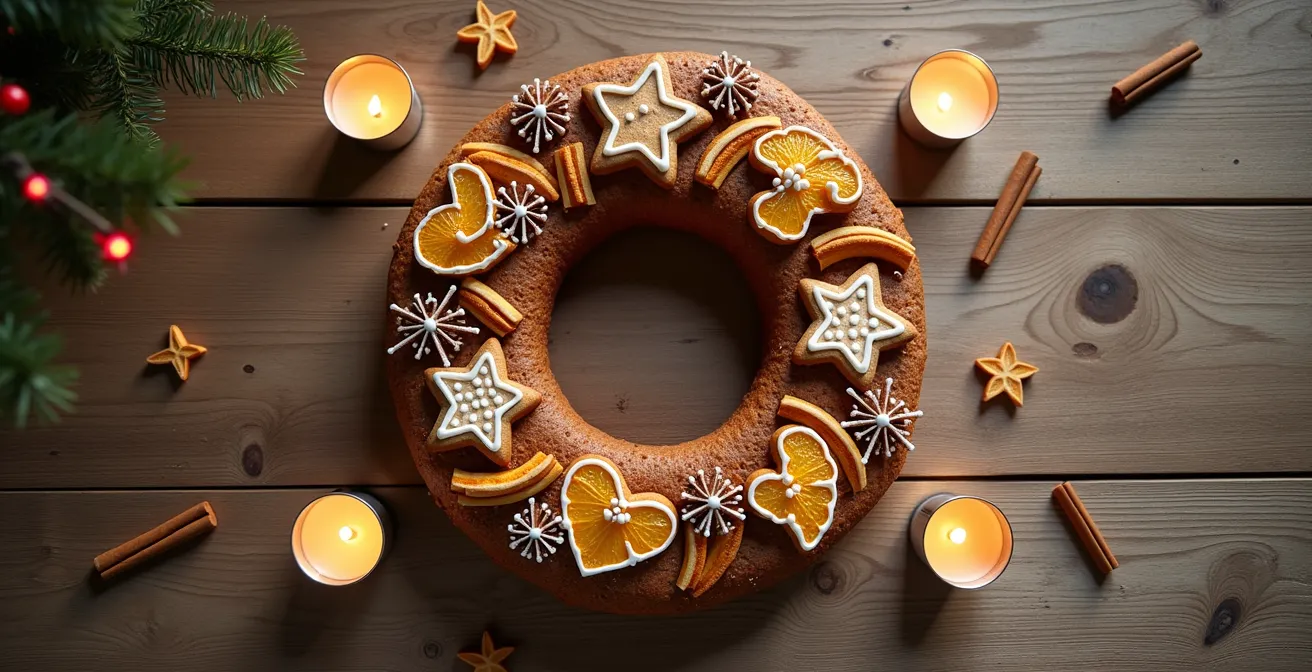 Couronne de l'Avent gourmande en pain d'épices décorée de biscuits de Noël traditionnels