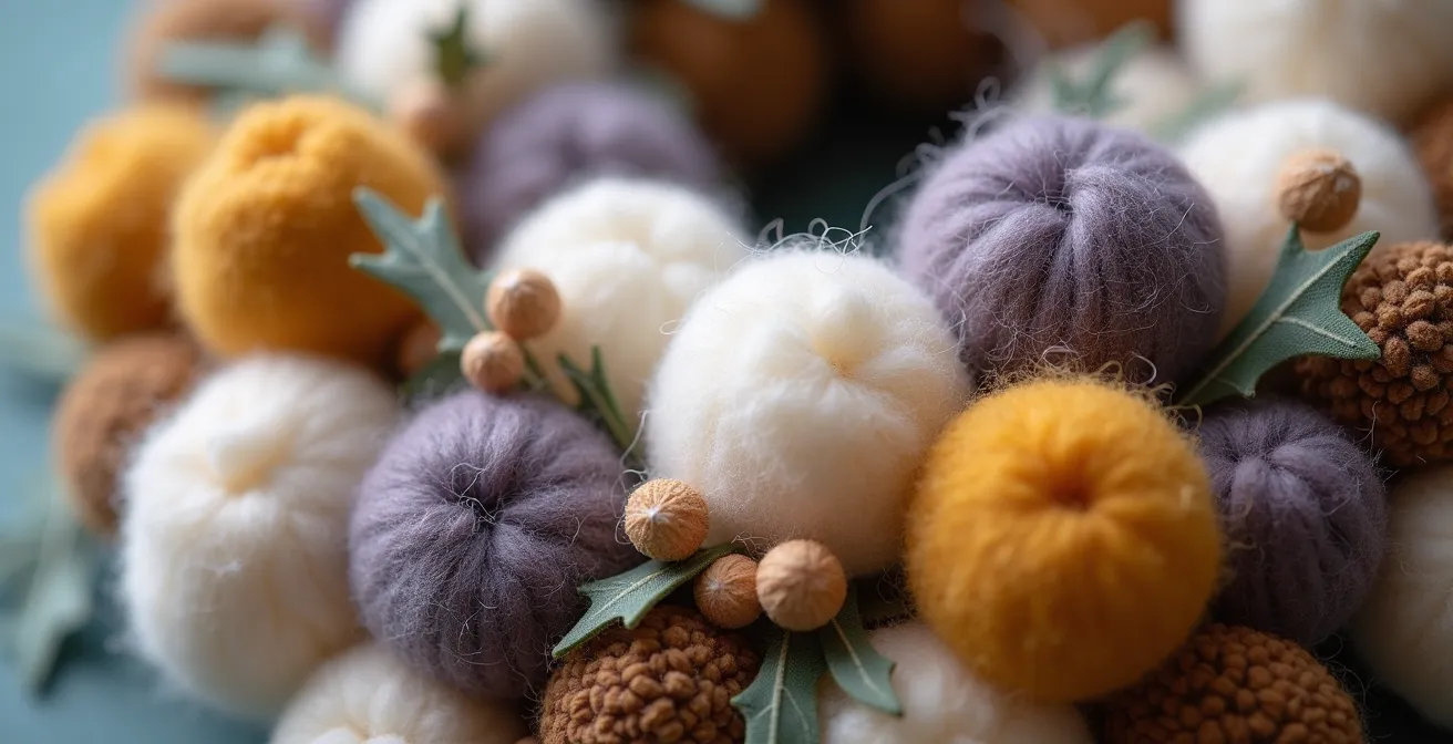 Couronne de Noël en pompons avec éléments naturels français