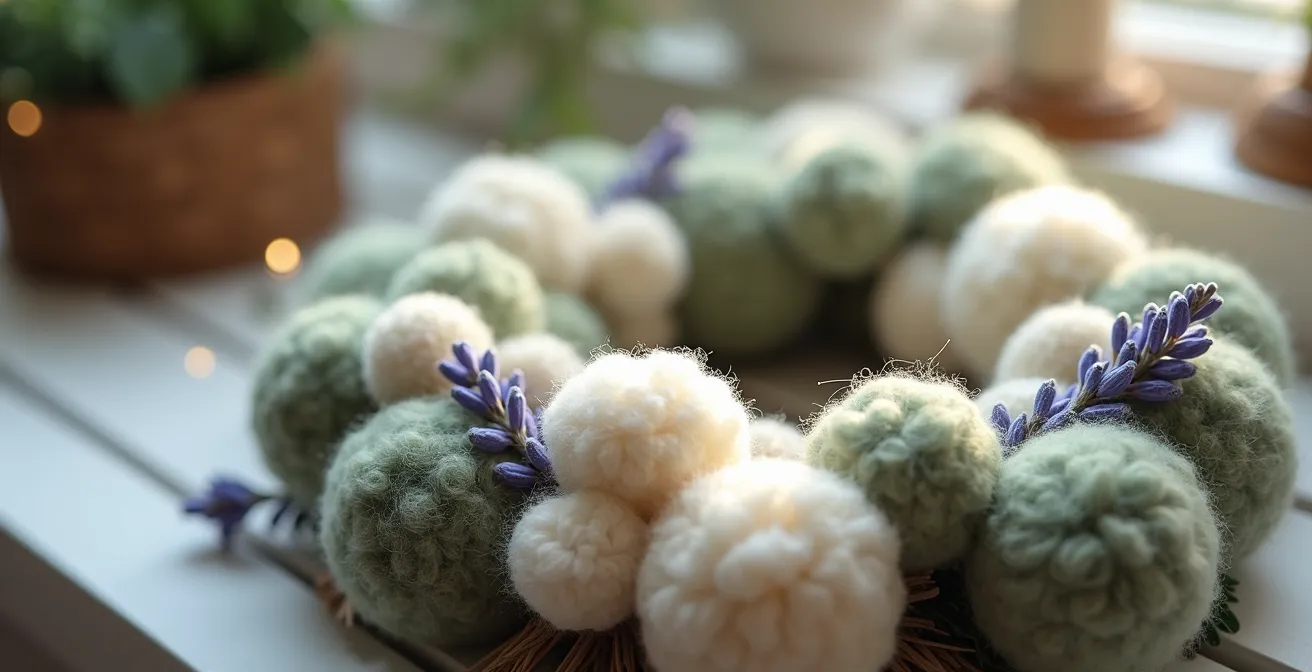 Couronne de Noël en pompons de laine aux couleurs naturelles avec détails de lavande