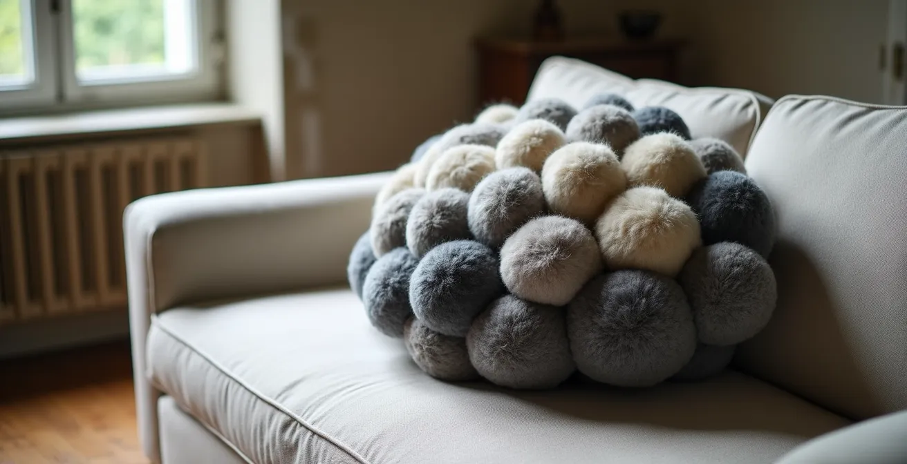 Coussin en forme de galet entièrement fait de pompons de laine sur un canapé