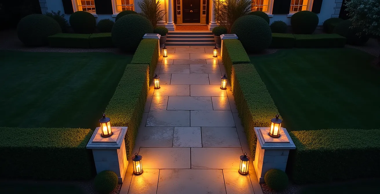 Vue aérienne d'un perron français éclairé avec lanternes placées stratégiquement le long d'une allée en pierre
