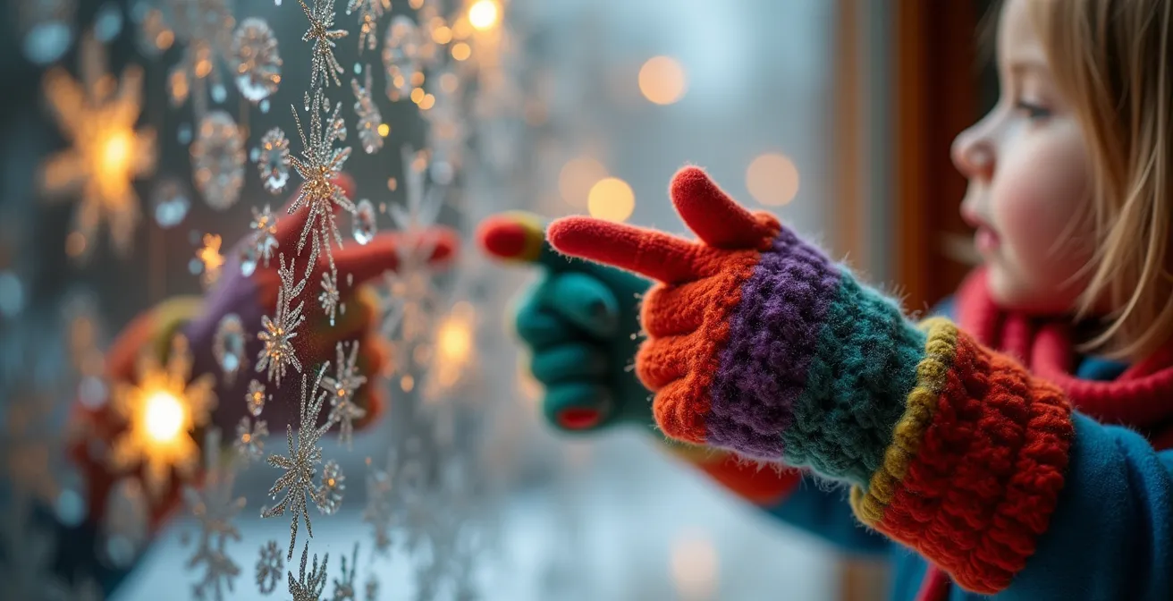 Gros plan sur les mains d'enfants pointant des détails d'une vitrine de Noël animée