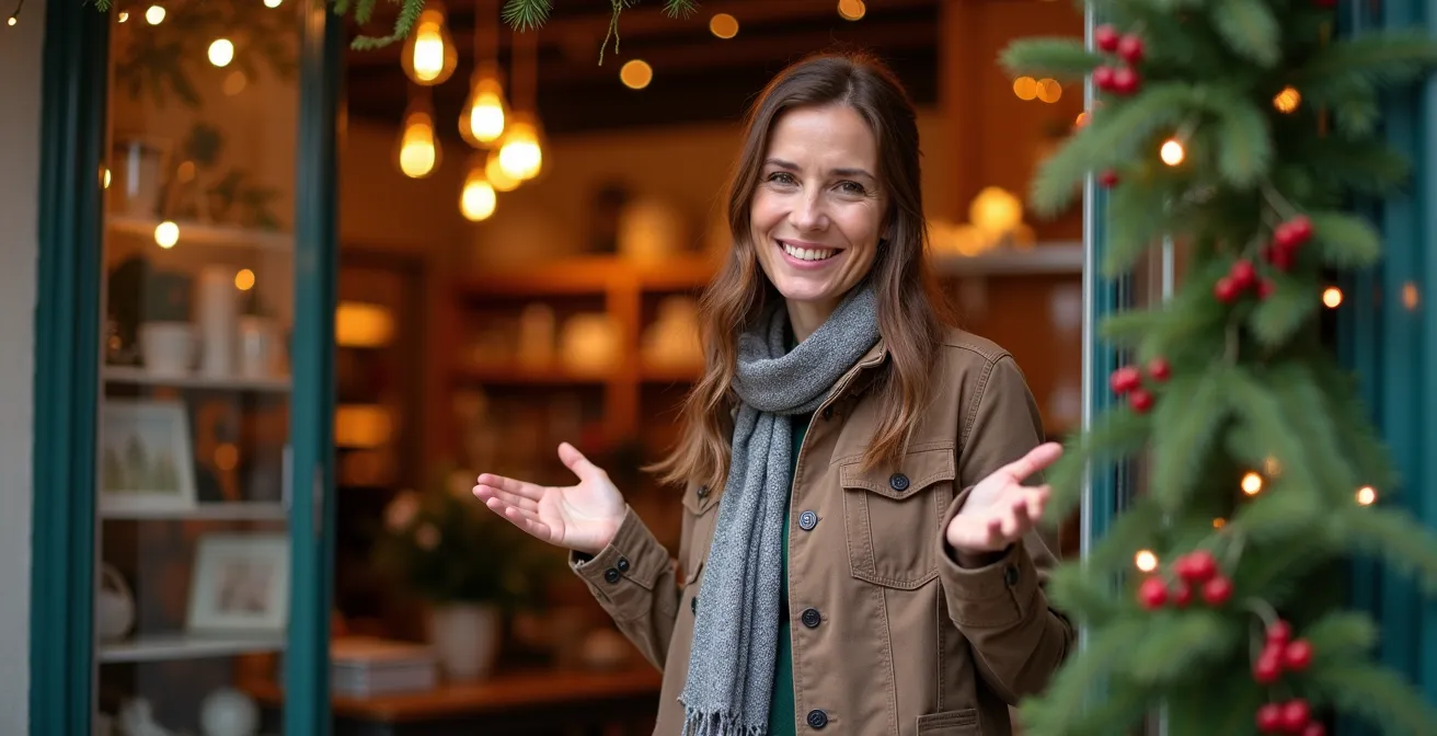 Entrée de boutique française décorée avec des branches naturelles et un éclairage chaleureux