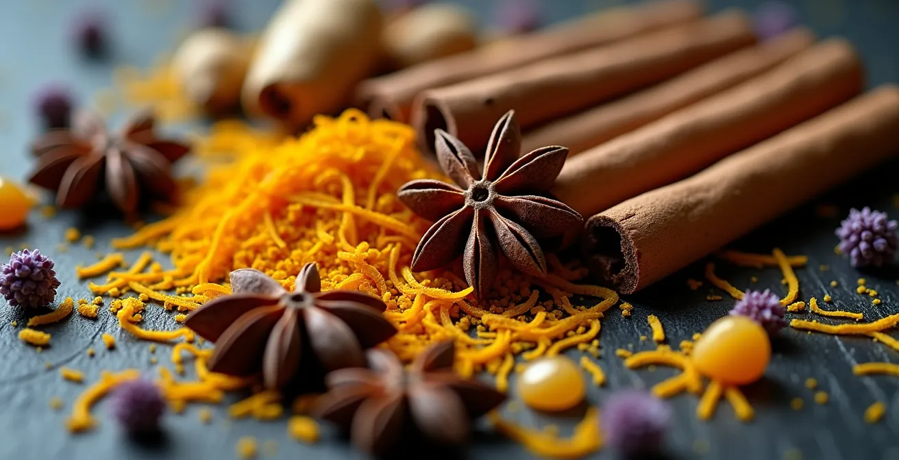 Composition artistique d'épices de Noël et produits du terroir français pour aromatiser les biscuits