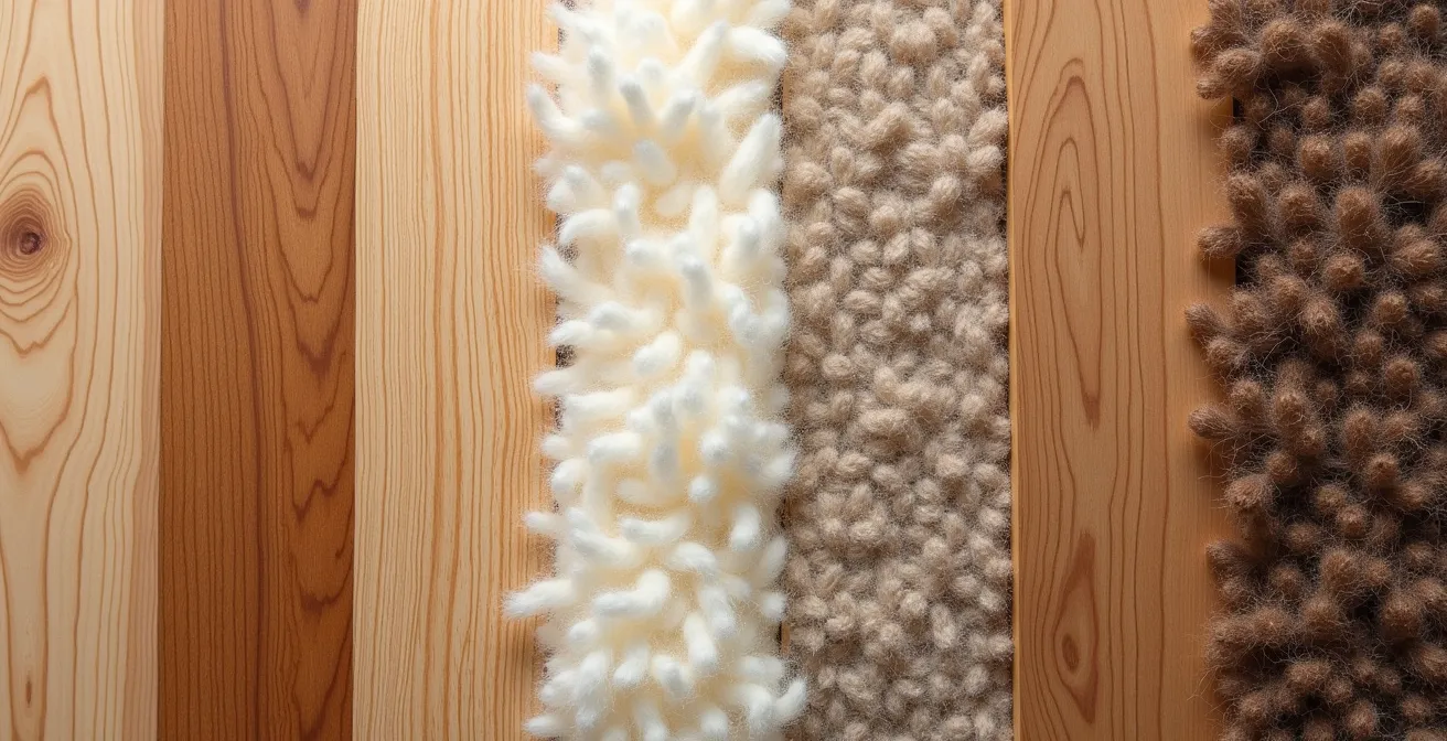 Composition de différentes essences de bois français et échantillons de laines locales disposés de manière artistique