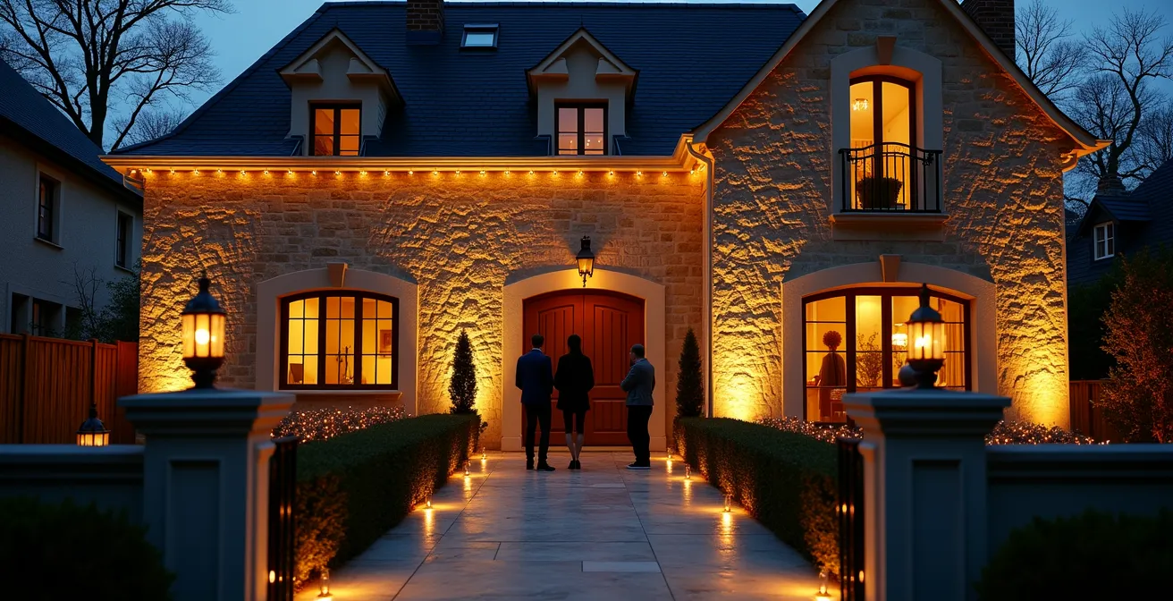 Façade de maison française traditionnelle sublimée par un éclairage architectural de Noël
