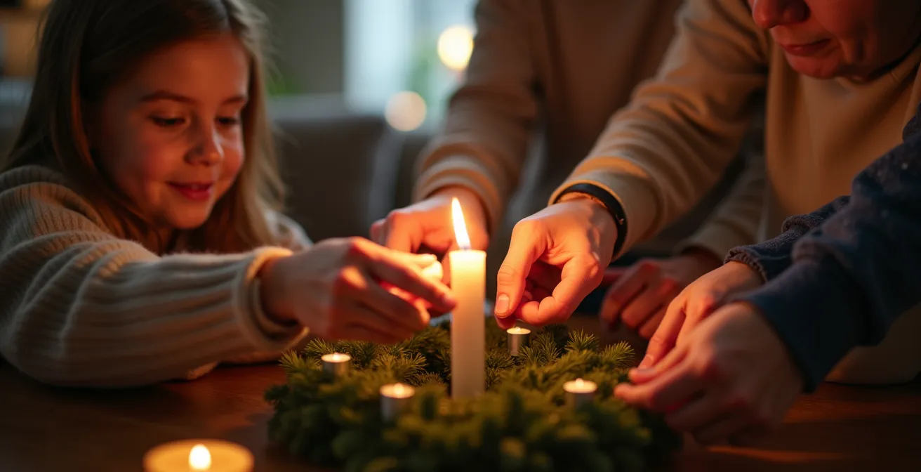 Famille française réunie autour de la couronne de l'Avent pour allumer la bougie du dimanche