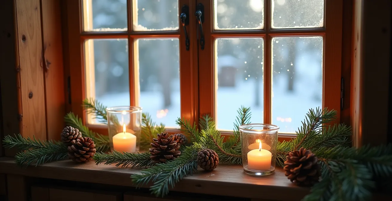 Fenêtre de chalet décorée avec branches de sapin et photophores pour Noël