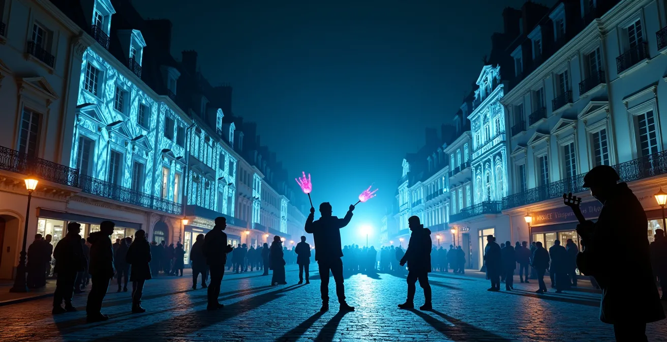 Performance artistique nocturne lors de la Fête des Lumières avec projections lumineuses