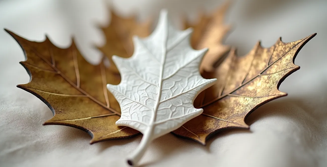 Feuilles de houx stylisées en métal doré et céramique sur surface neutre