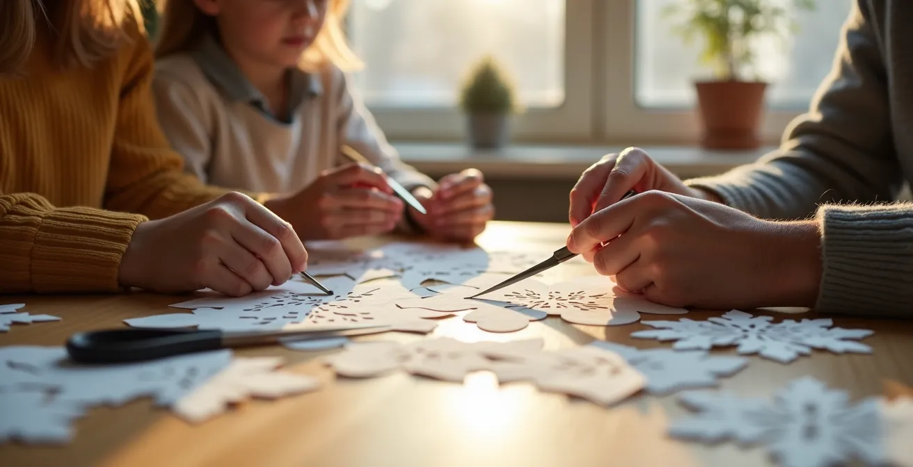 Mains d'enfant et d'adulte créant ensemble des flocons de neige imparfaits