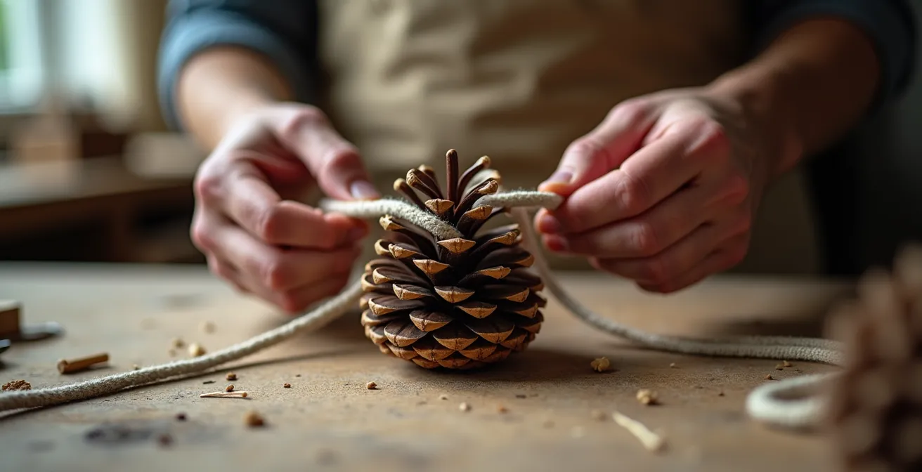 Gros plan sur des mains expertes réalisant un nœud de cabestan sur une pomme de pin avec du fil de lin