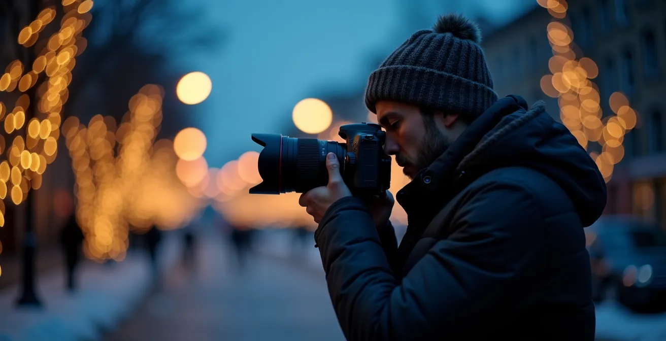 Photographe capturant les illuminations de Noël pendant l'heure bleue en ville française