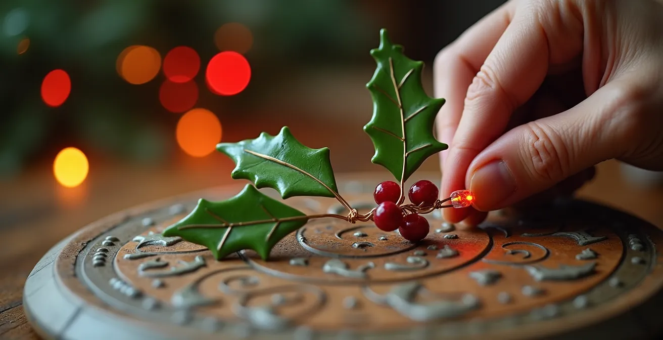 Création artisanale d'un houx stylisé en fil de laiton avec micro-LED intégrées